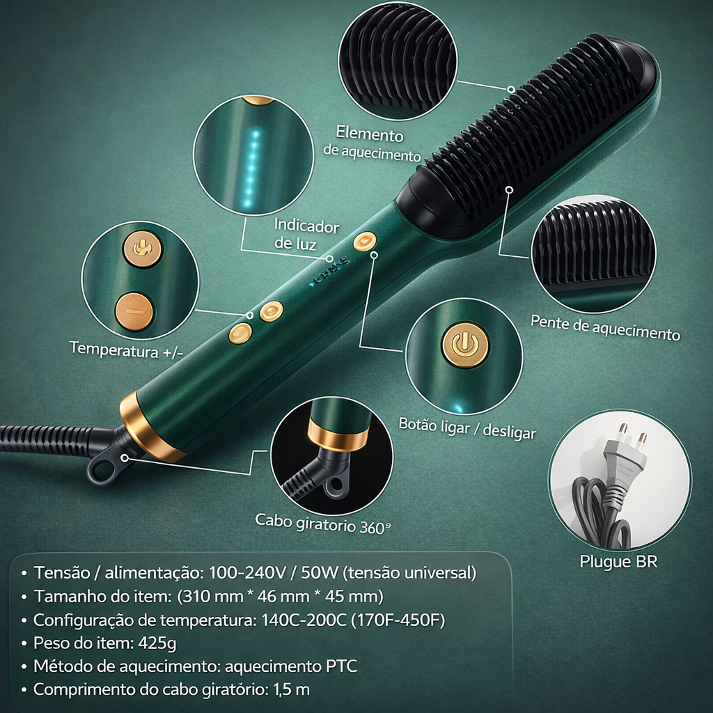 Escova Alisadora Bivolt 5 em 1 - Alisa, Hidrata, Modela, Alinha e Anti-Frizz