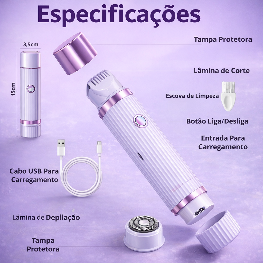 Depilador Feminino Recarregável 2 em 1 com Lâmina Anticorte