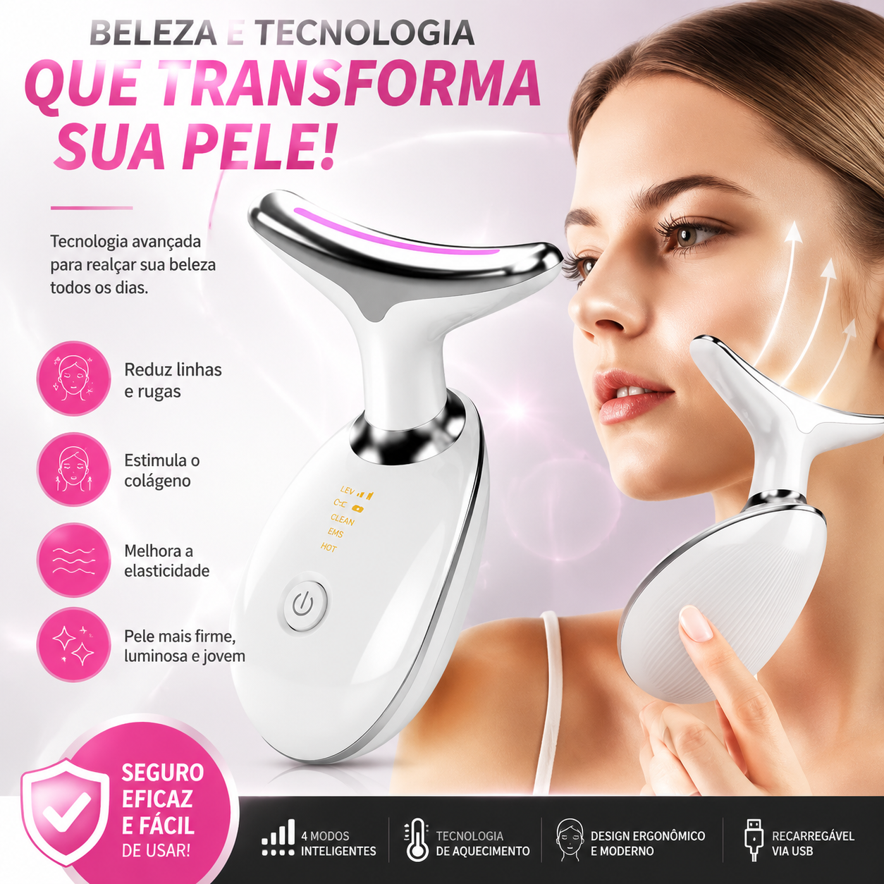Massageador De Pescoço e Rosto LED Vibração Fototerapia Para Rejuvenescer Firmeza Anti-Rugas