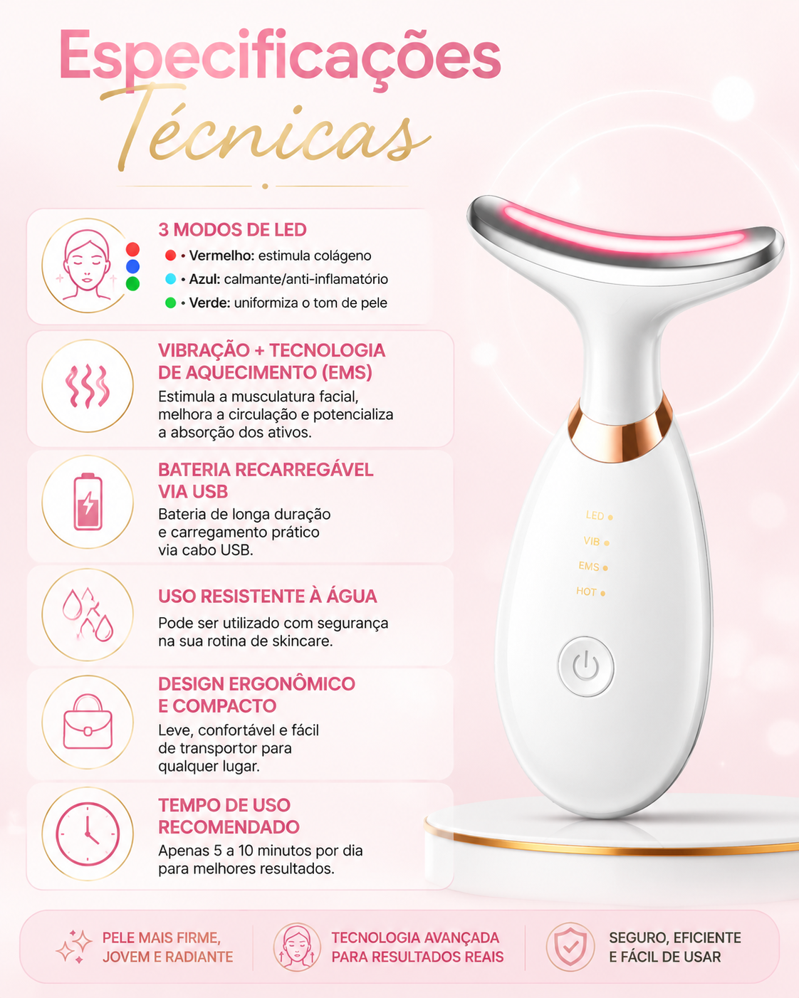 Massageador De Pescoço e Rosto LED Vibração - Reduza rugas em minutos por dia, sem sair de casa